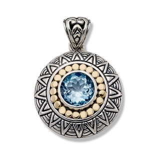 SS/18K TRIBAL DESIGN ROUND BLUE TOPAZ PENDANT