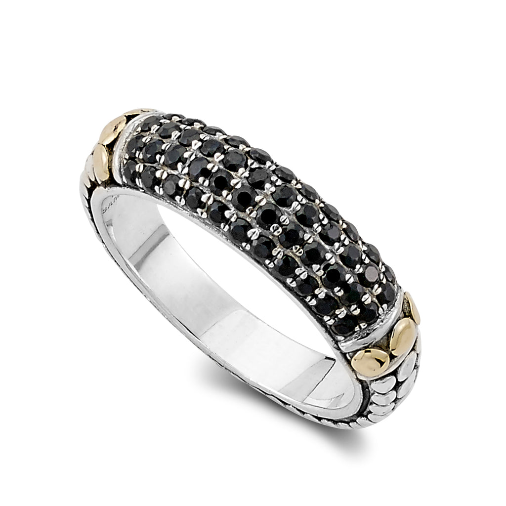 SS/18K DOT DESIGN BAND WITH PAVE BLACK SPINEL CENTER