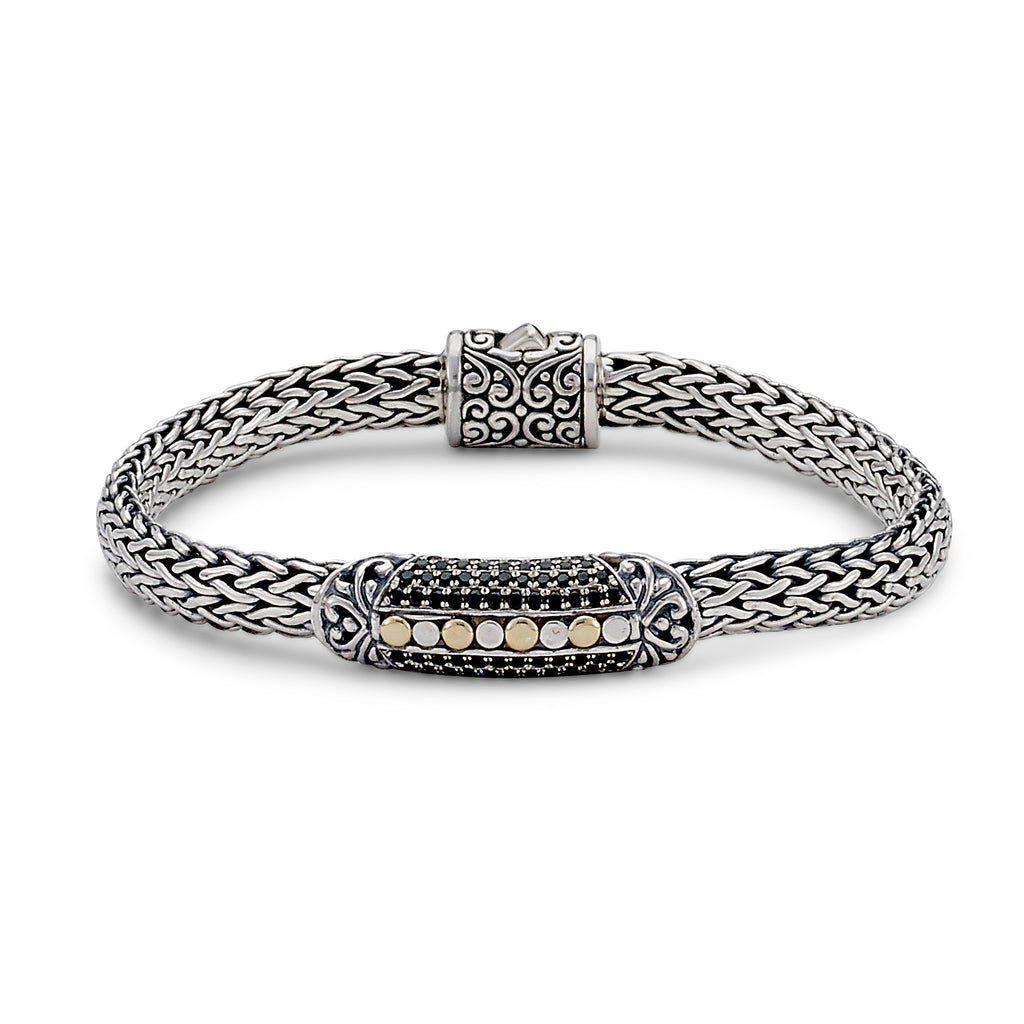 SS/18K 7MM WOVEN CHAIN BAR BRACELET W/ PAVE BLACK SPINEL