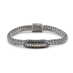 SS/18K 7MM WOVEN CHAIN BAR BRACELET W/ PAVE BLACK SPINEL