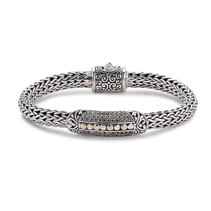 SS/18K 7MM WOVEN CHAIN BAR BRACELET W/ PAVE WHITE TOPAZ