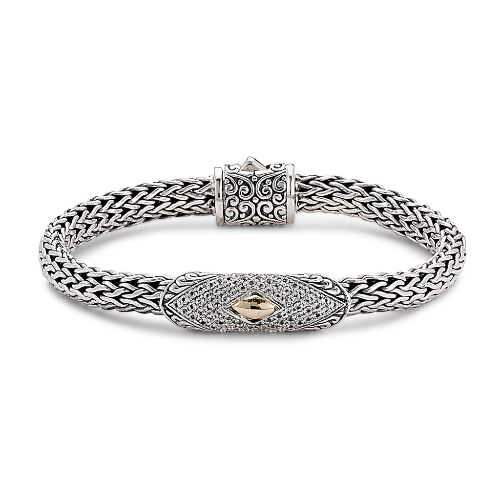 SS/18K 7MM WOVEN CHAIN BAR BRACELET W/ PAVE WHITE TOPAZ