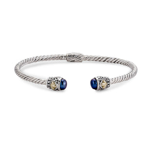 SS/18K 3MM TWISTED CABLE BANGLE WITH BLUE PEARL ENDCAPS