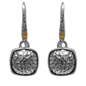 SS/18K CUSHION SHAPE HAMMERED SILVER DROP EARRINGS