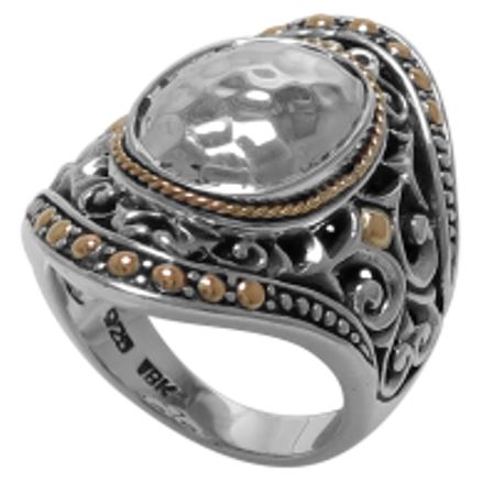 SS/18K BALINESE DESIGN OVAL HAMMERED SILVER RING